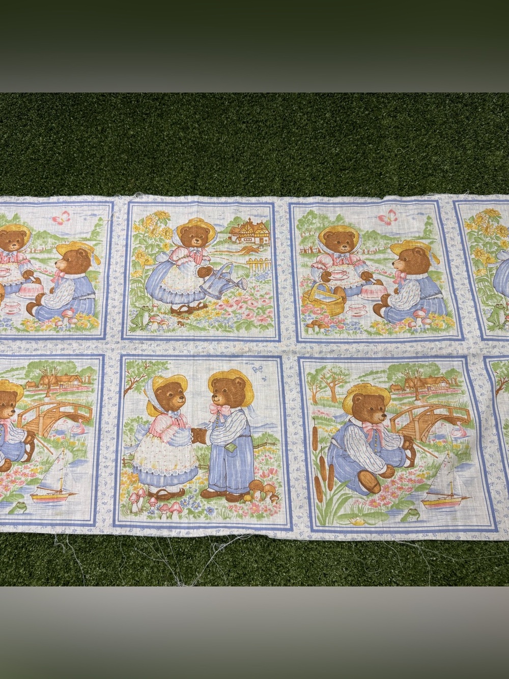 Vintage garden bears fabric cotton squares quilting floral fishing Cottagecore